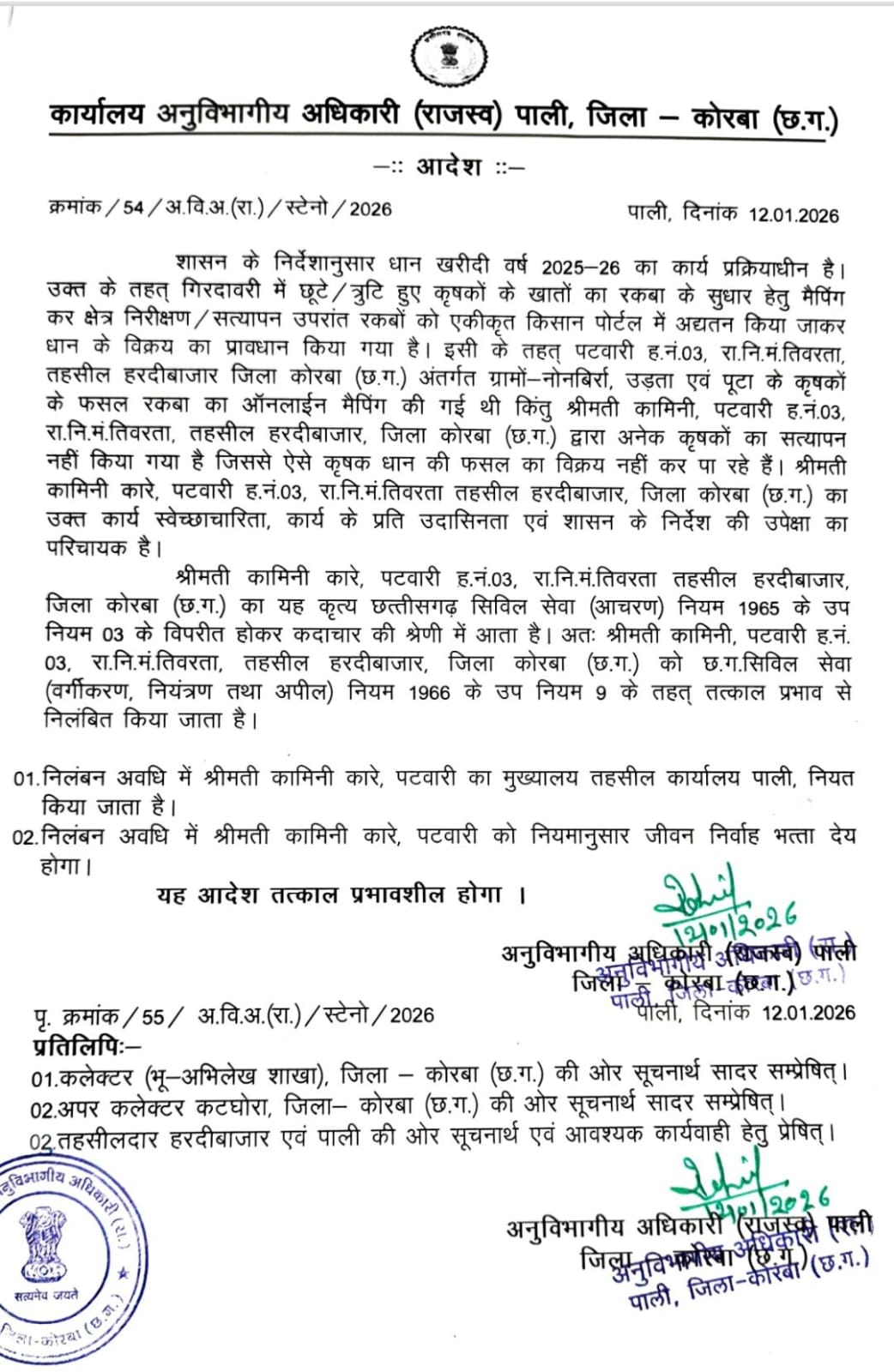 किसान आत्महत्या के प्रयास के बाद, पटवारी निलंबित, तहसीलदार हरदीबाजार को नोटिस,